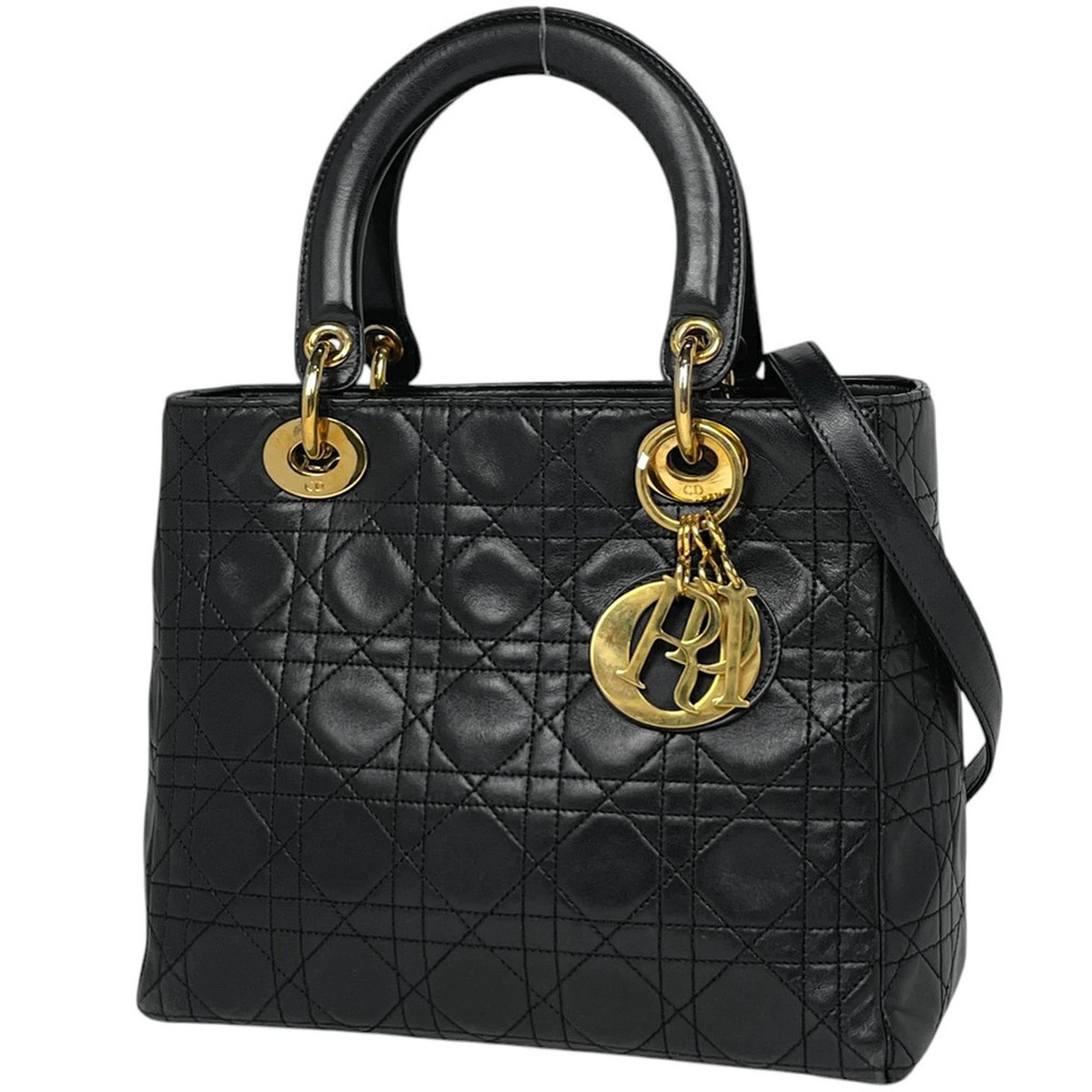 Christian Dior Lady Shoulder Bag Cannage Handbag Leather Black